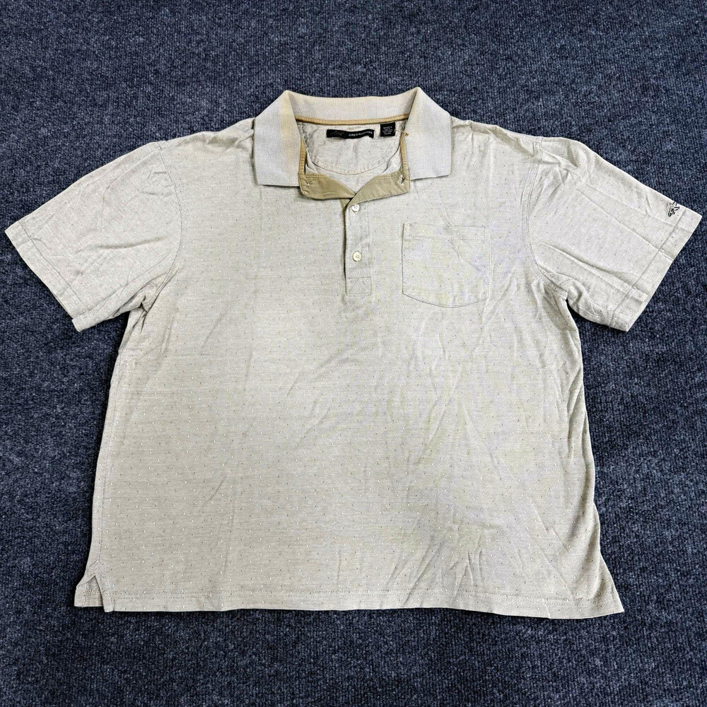 Greg Norman Mens M Golf Polo Beige Tan Dotted Pocket Short Sleeve Shirt